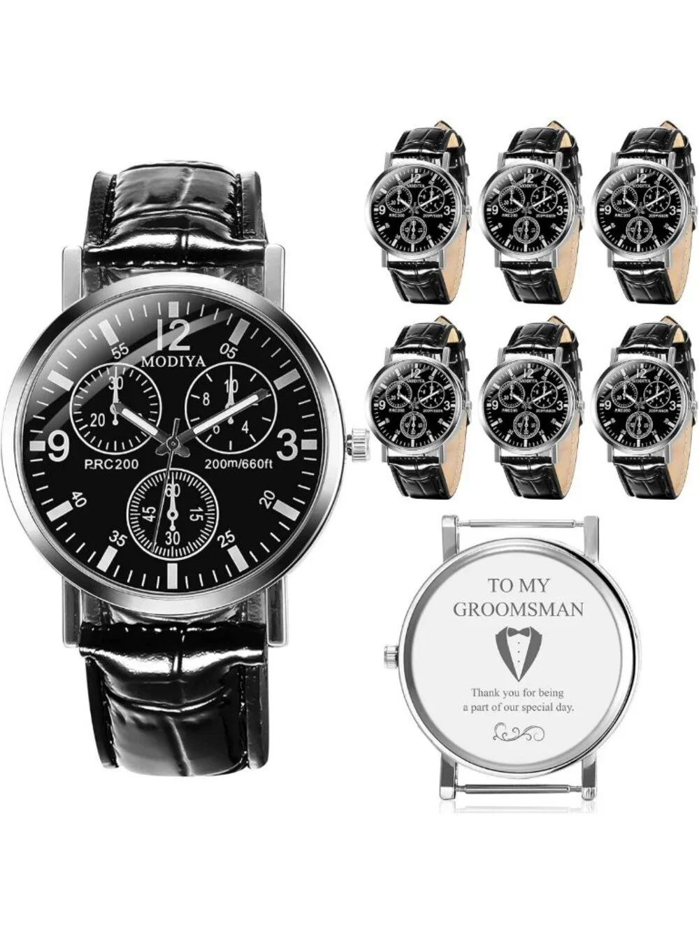 Stylish 6-Piece Men's Chronograph Watch Set - Quartz Leather Strap Gift Box